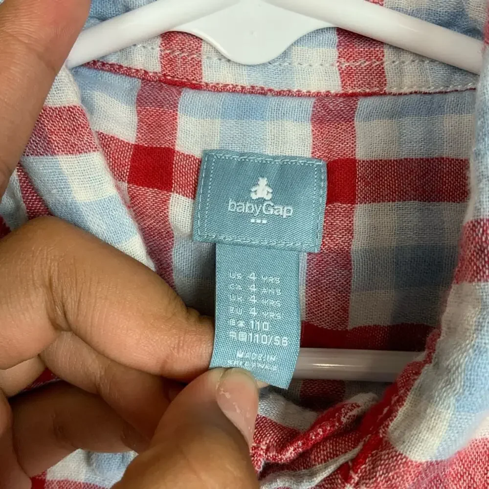 Baby Gap Brushed Cotton Plaid Long Sleeve Button Up Shirt Red Blue White 4